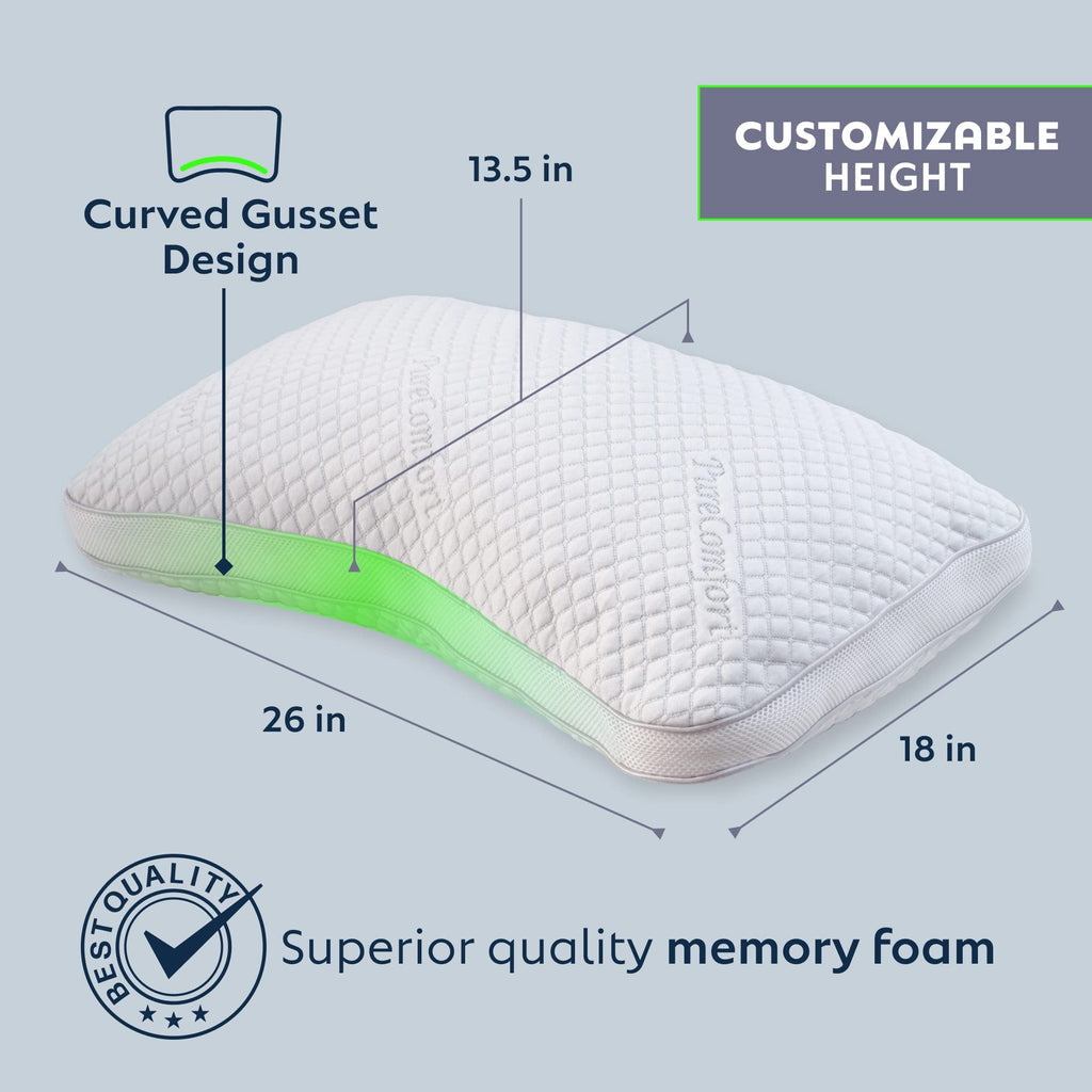 PureComfort Curved Pillow - Adjustable Side Sleeper Pillow for Neck and Shoulder Pain - Cervical Contour Pillow for Sleeping - Memory Foam Loft Pillow for Back or Side Sleepers - anydaydirect